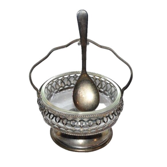 Vtg Sheffield England Silver Plate Sugar Condiment Jam Bowl w/ Spoon - Picture 1 of 10